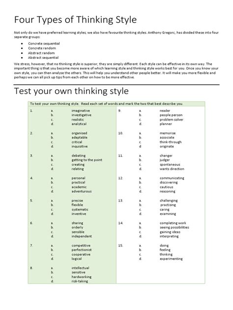 Four Types Of Thinking Style Pdf Thought Learning Styles