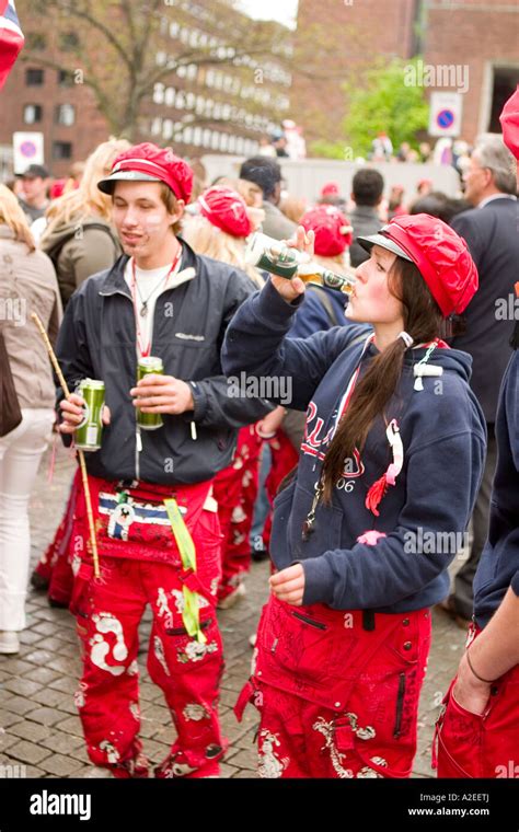 A Large Gathering Of Russ The Graduating Class In Oslo Norway In Front Of The City Hall On The