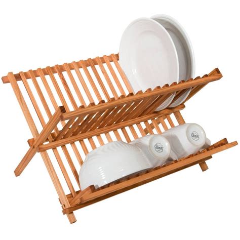 Two Level Folding Kitchen Counter Top Bamboo Dish Rack Drainer