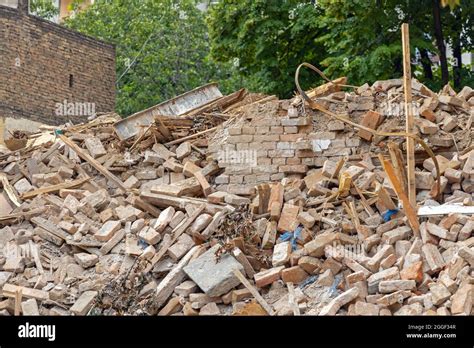 Big Pile Of Rubble Demolition Debris At Construction Site Stock Photo