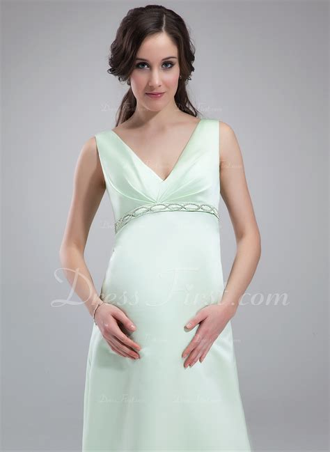 Empire V Neck Floor Length Satin Satin Maternity Bridesmaid Dress With Ruffle Beading 045020325