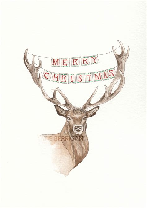 Merry Christmas Stag Watercolor Painting Etsy