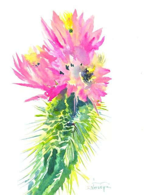Cactus Original Watercolor Painting Arizona Cacti Pink Etsy