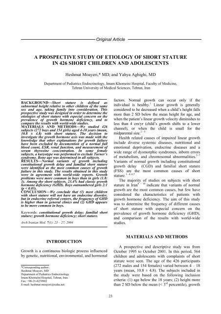 A Prospective Study Of Etiology Of Short Stature In 426 Short Children