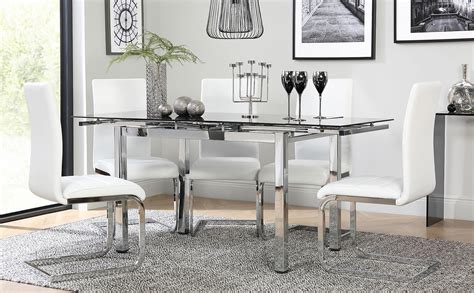 Space Chrome And Black Glass Extending Dining Table With 6 Perth White