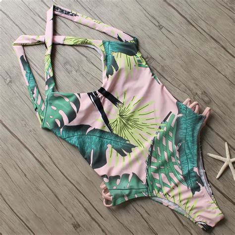 Printed Leaf 2018 Newest Monokini Female V Neck One Piece Swimsuit For