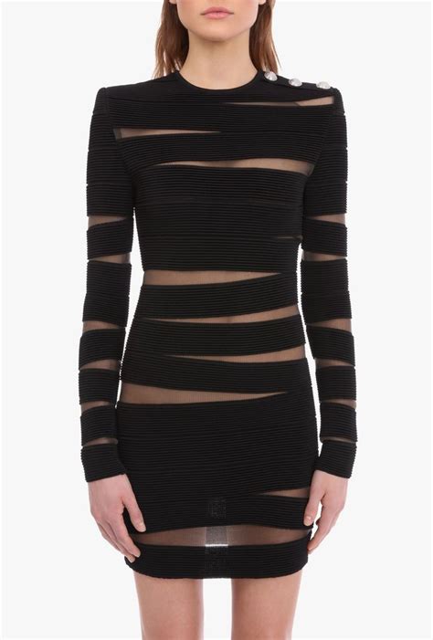 Black Knit Dress With Sheer Panels For Women Long