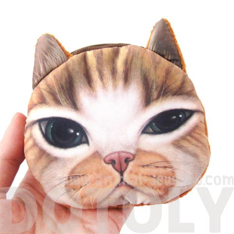 Orange Tabby Kitty Cat Face Shaped Soft Fabric Zipper Coin Purse Make
