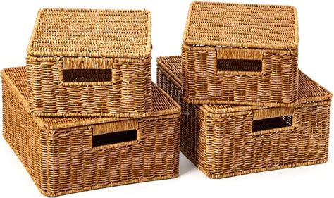 Ezoware Set Of 4 Resin Woven Storage Basket Box With Lid Wicker Hamper