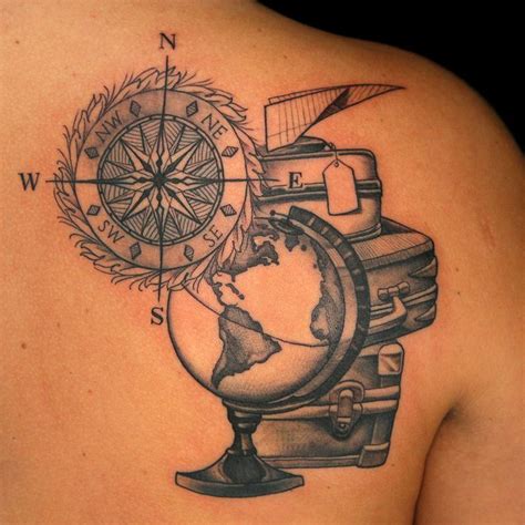 Globe Luggage And Compass Tattoo By Frank Ready Compass Rose Tattoo
