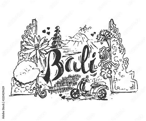 Drawing Illustration Of Bali Island With Different Cultural Elements