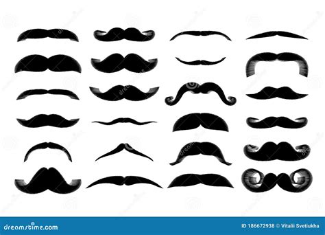 Set Of Mustaches Isolated On White Background Black Silhouette Of