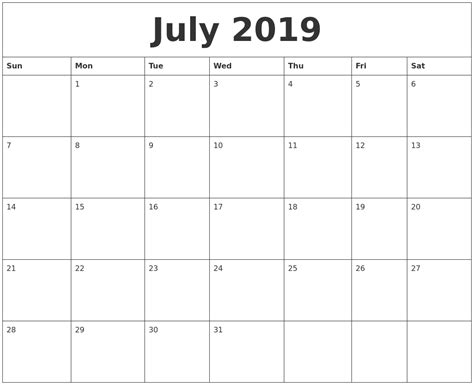 July 2019 Calendar Month