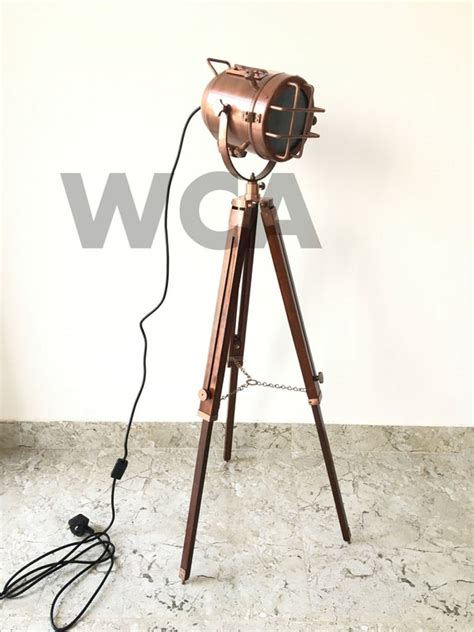 Copper Antique Floor Lamp With Tripod Handmade Searchlight Etsy