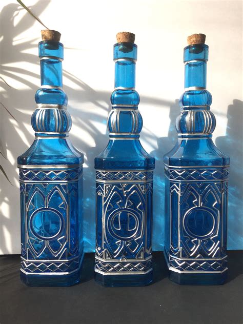 Lighted Decorative Blue Glass Bottles Hand Painted Metallic Silver 12