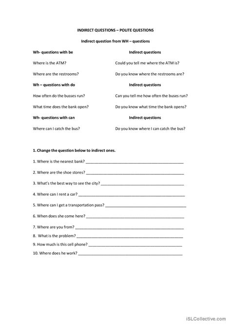 Indirect Wh Questions General Gramm English Esl Worksheets Pdf And Doc