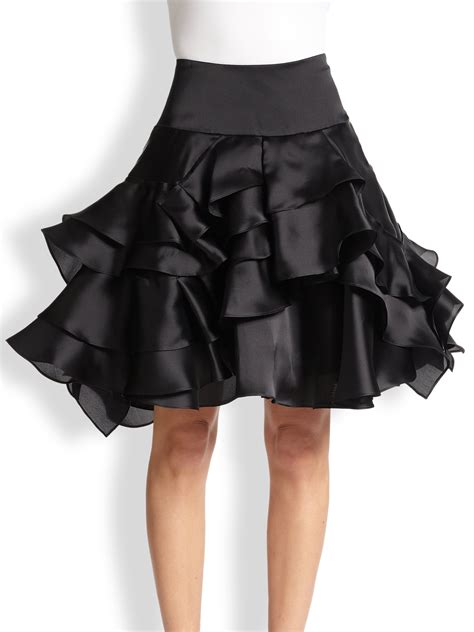 Milly Tara Silk Satin Tiered Ruffle Skirt In Black Lyst