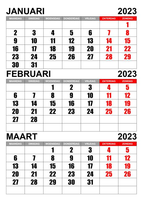 Kalender Januari Februari Maart 2023