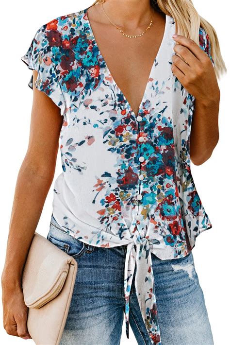 Asvivid Womens Floral Printed Button Down V Neck Tops Ruffle