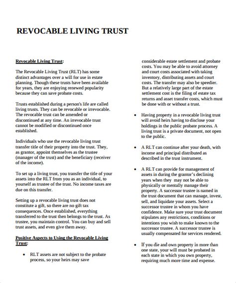 Sample Living Trust Form Template 10 Samples Examples Format