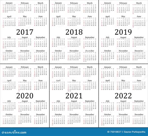 Six Year Calendar 2017 2018 2019 2020 2021 And 2022 Stock Vector