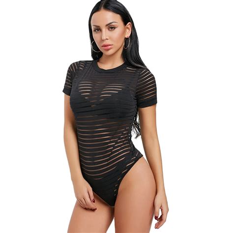 women short sleeve see thru striped bodysuit sexy black hollow out shapers female skinny fitting
