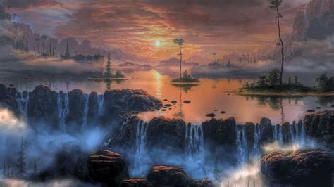 Fantasy Art Artwork Landscape Nature River Waterfall