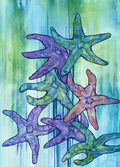 Sea Star Rain Print Of Watercolour Star Fish Painting Beach Etsy