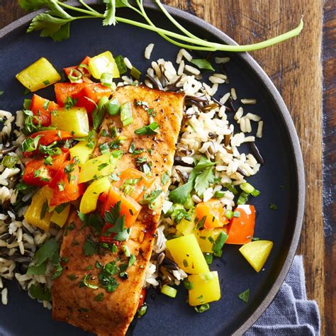 Sweet & Spicy Roasted Salmon with Wild Rice Pilaf Recipe | EatingWell