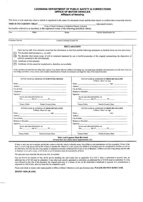 Home/forms/small estate affidavit forms/louisiana affidavit of small estate form. Form Dpsmv 1696 - Louisiana Affidavit Of Heirship ...