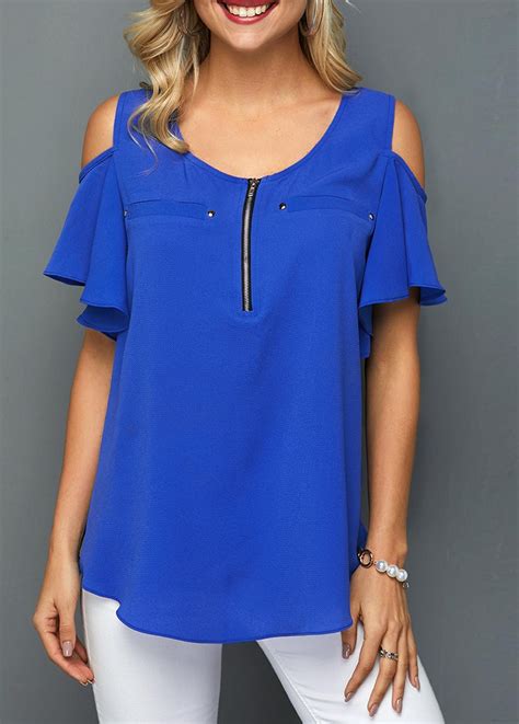 royal blue quarter zip cold shouldre blouse trendy tops for women half sleeve blouse fashion