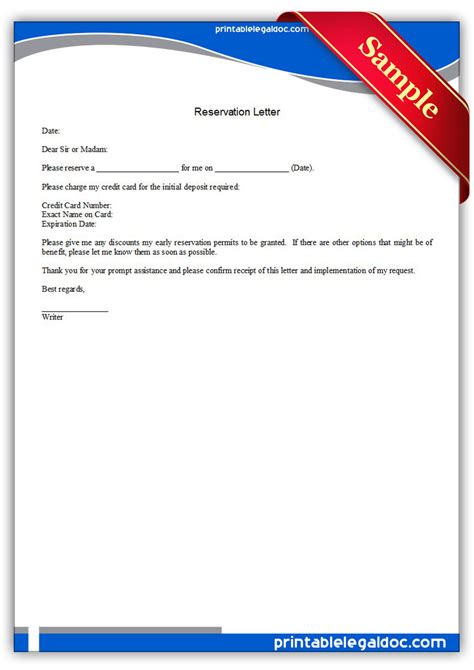 Free Printable Reservation Letter Form Generic
