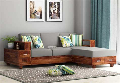 All parts are use saagwaan wood #sofadesign #teak_wood_sofa_design latest teak wood sofa design 2020 amazing teak wood. Buy Solace L-Shaped Wooden Sofa (Teak Finish) Online in India in 2020 | Wooden sofa designs ...