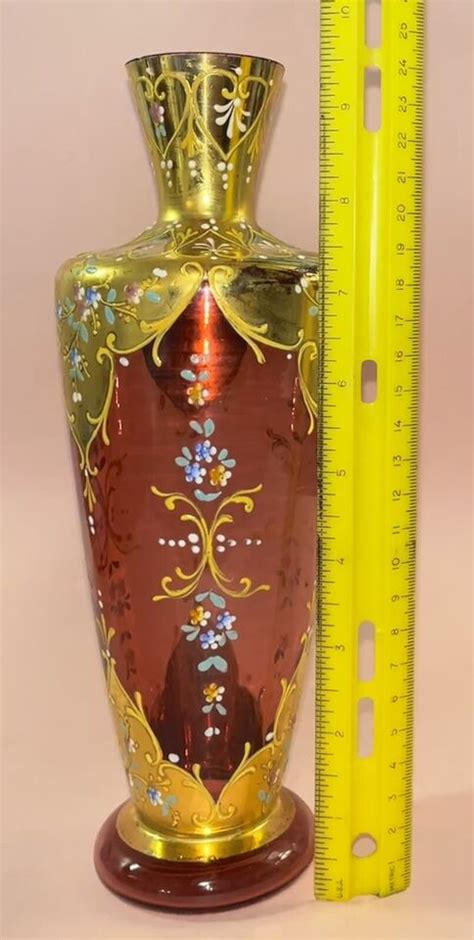 Moser 19th Century Cranberry Glass Vase Gold Guild And Enamel Accents Ebay