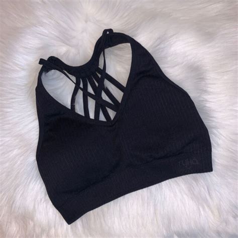 Ryka Sports Bra Black Strappy Back Ribbed Removeable Padded Cup See