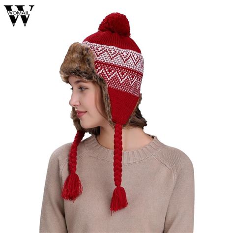 Buy 2017 Warm Women Winter Hat With Ear Flaps Snow Ski Thick Knit Wool Beanie