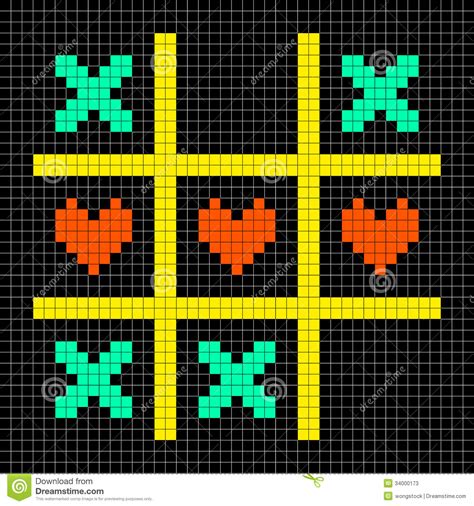 8 Bit Pixel Art Tic Tac Toe With Kisses And Love Heart Symbols Stock