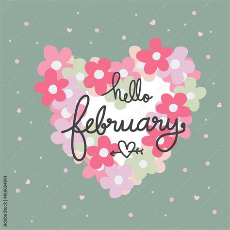 Hello February Word And Pink Flower Heart Frame Cartoon Vector