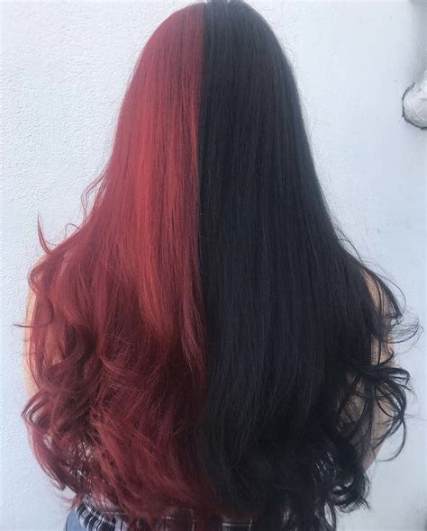 Half Red Half Black Hair Split Dyed Hair Hair Color Underneath Hair Color For Black Hair