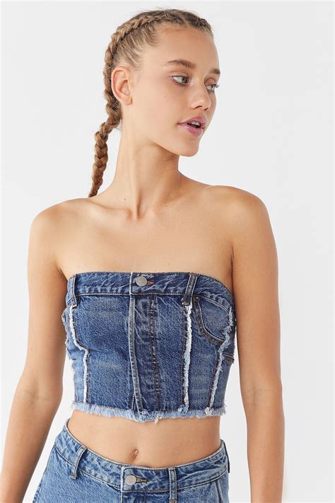 Uo Denim Cropped Tube Top Cropped Tube Top Denim Crop Top Denim Tube Top