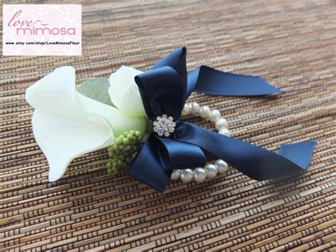 Wrist Corsage Ivory Calla Lily With Navy Ribbon Pearl Etsy In 2021