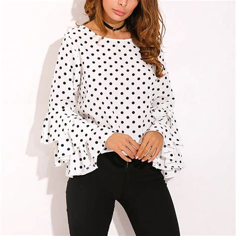 Buy T Shirt Women Fashion Bell Sleeve Loose Polka Dot Shirt Ladies Casual Tops