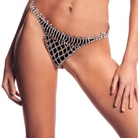 Stonefans Cross Net Rhinestone Belly Chains Panties Briefs For Lady
