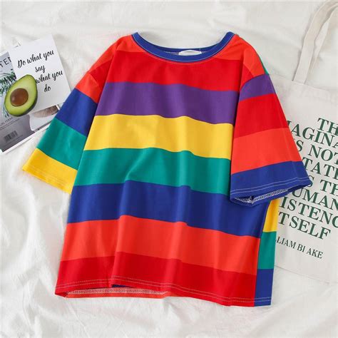 Rainbow T Shirt Female Korean Harajuku Casual Loose Rainbow Striped T Shirt Women S T Shirts