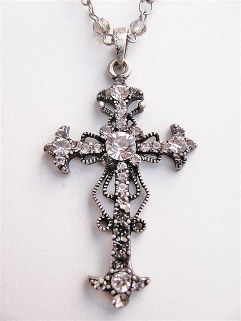 Clear Diamond Vintage Cross Pendant Necklace Filigree Style Genuine