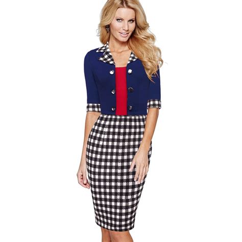 Sheath Plaid Office Dress Patchwork Knitting Notched Collar Decorate