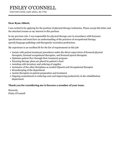 Physical Therapy Technician Cover Letter | Velvet Jobs