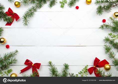 Creative Christmas Layout Fir Twigs Red Ribbons Golden Balls White
