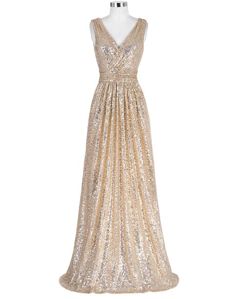 Stunning V Neck Gold Sequined Bridesmaid Dresseselegant Long Formal