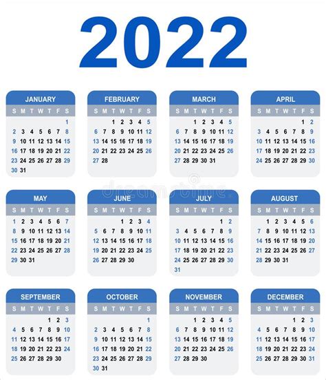 Calendario 2022 La Semana Comienza El Domingo Cuadrícula Básica